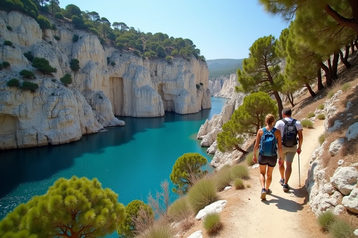 Couple de randonneurs admirant les Calanques depuis les sentiers rocheux au-dessus de Cassis