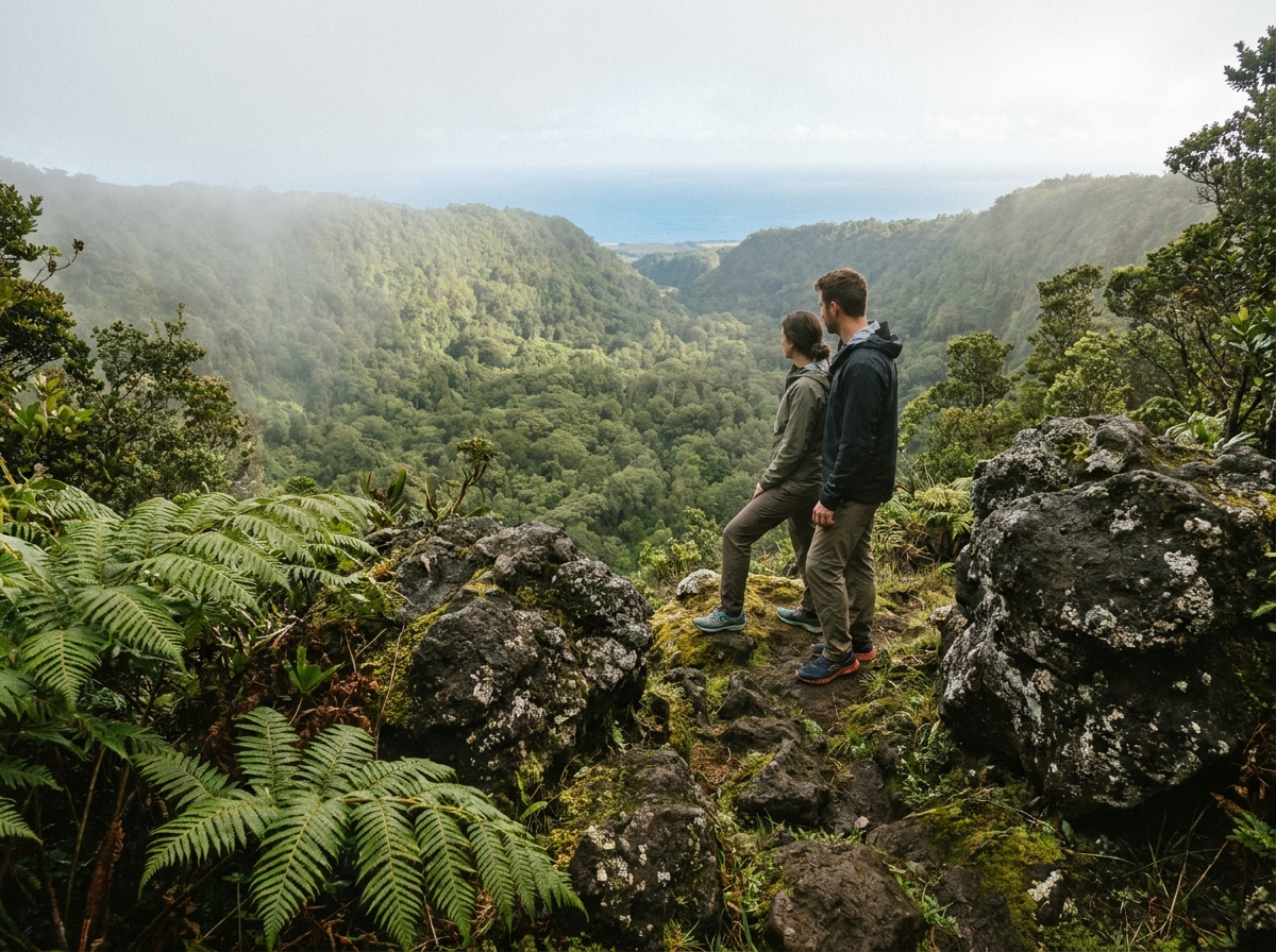 Couple de randonneurs observant le paysage depuis les hauteurs de la Montagne Pelée en Martinique