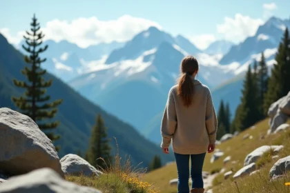 Randonneuse en pull en laine admirant un panorama de sommets enneigés en Vallée d'Aoste, sentier rocheux alpin au premier plan