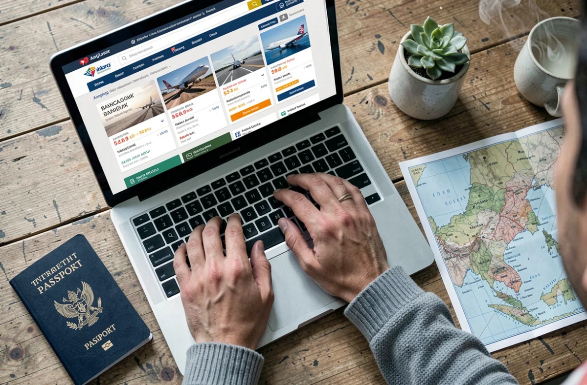 Recherche de vols subventionnés vers la Thaïlande sur un ordinateur portable avec passeport et carte