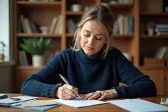 Femme rédigeant une carte de vœux de bonnes vacances avec un stylo plume sur un bureau en bois