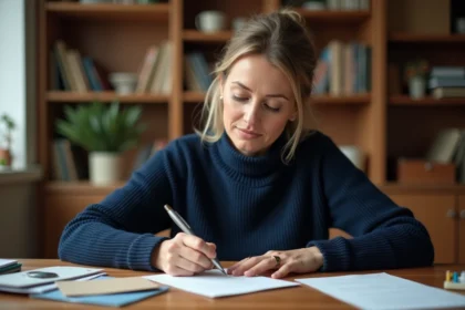 Femme rédigeant une carte de vœux de bonnes vacances avec un stylo plume sur un bureau en bois