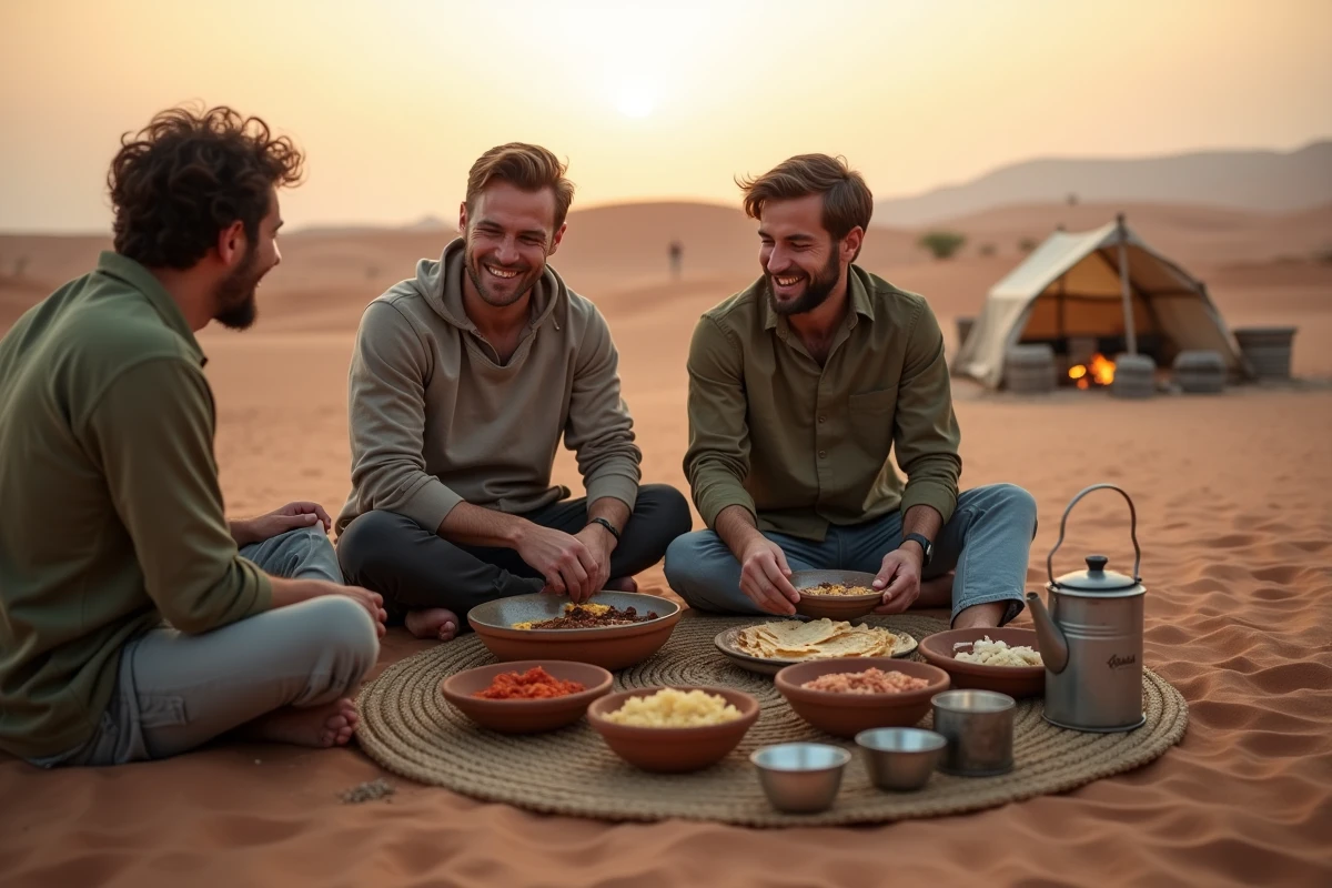 Groupe de voyageurs partageant un repas traditionnel tunisien autour d'un feu de camp dans le désert de Ksar Ghilane lors d'un voyage économique