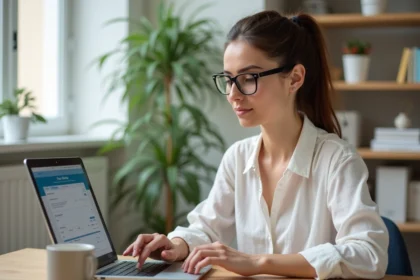 Femme réservant un ferry en ligne sur son ordinateur portable depuis son bureau à domicile