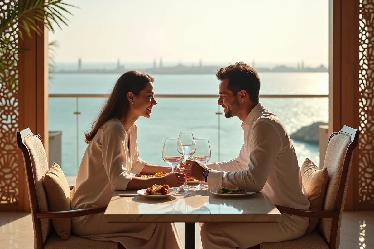 Jeune couple au restaurant face à la mer à Dubai