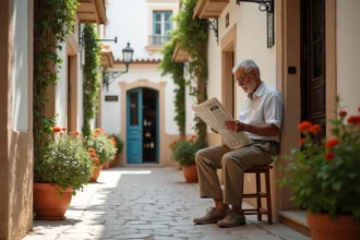 Ruelle authentique du centre-ville de Malaga avec un habitant local lisant son journal devant un bar à tapas traditionnel