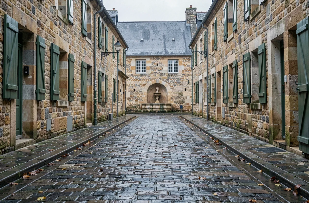 Ruelle médiévale pavée menant à la fontaine d'Arlette à Falaise sous la pluie normande