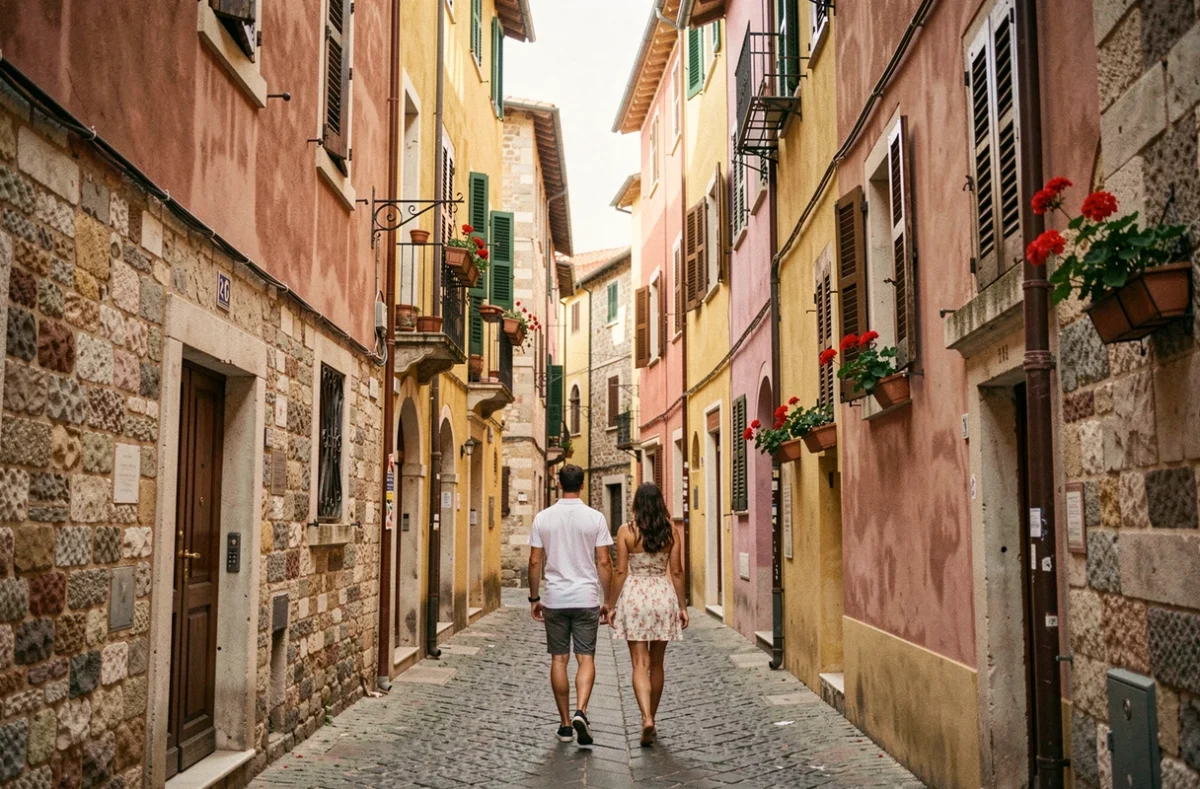 Ruelle médiévale de Porto Venere avec maisons colorées et couple de promeneurs dans le village ligurien
