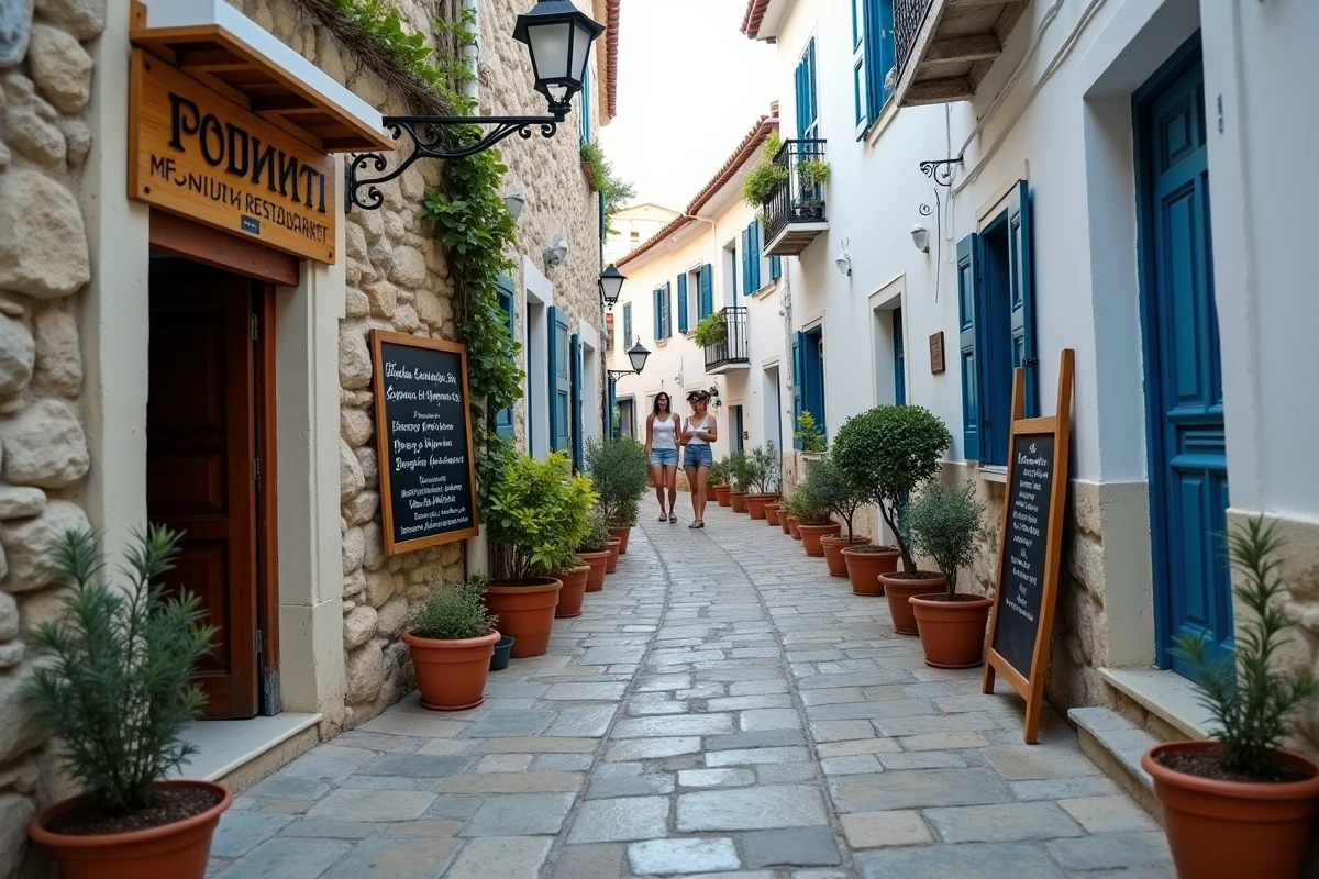 Ruelle pavée de Skopelos avec enseigne de restaurant familial et menu ardoise