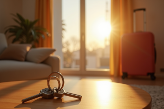 Salon lumineux d'un Airbnb avec valise et clés sur la table