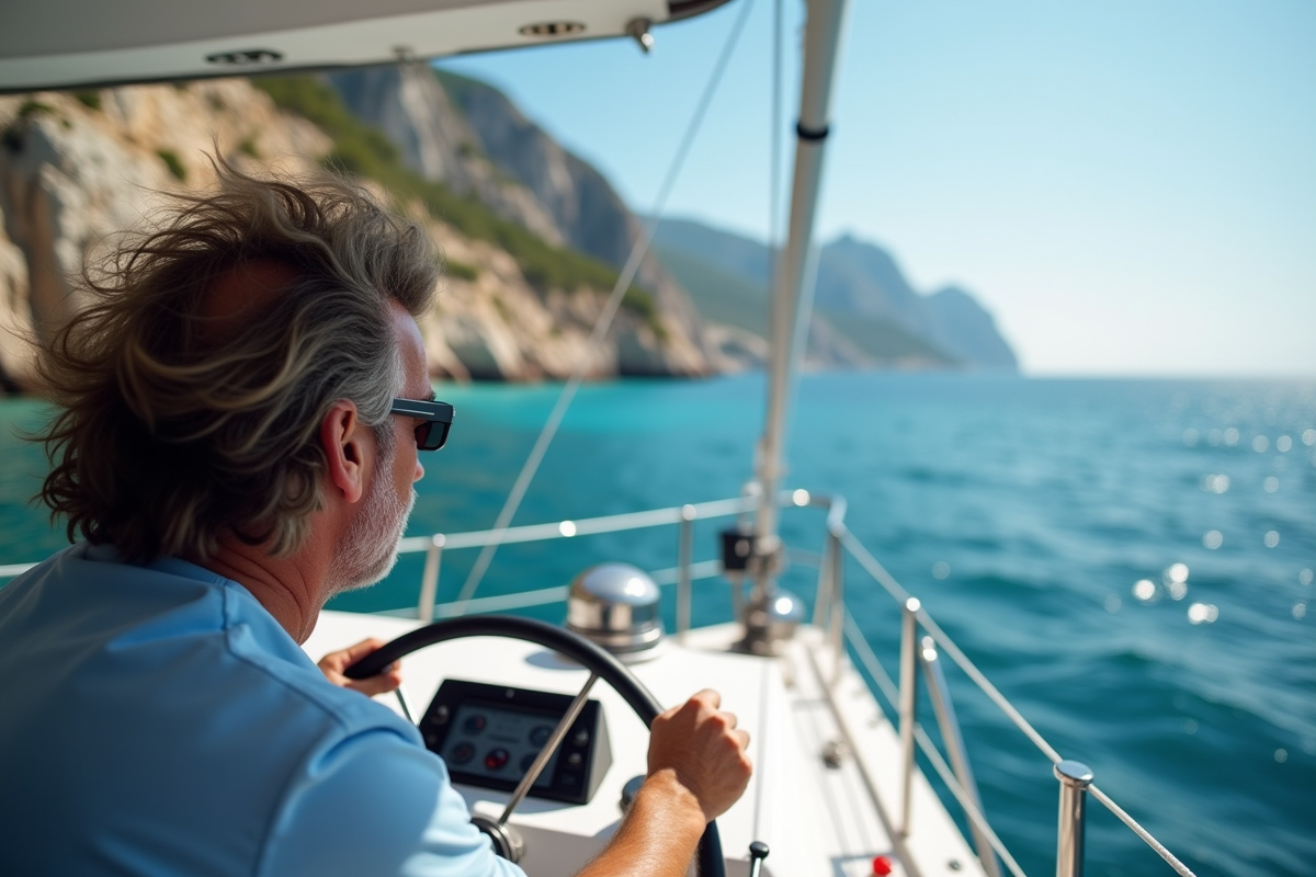 Skipper naviguant vers la côte d