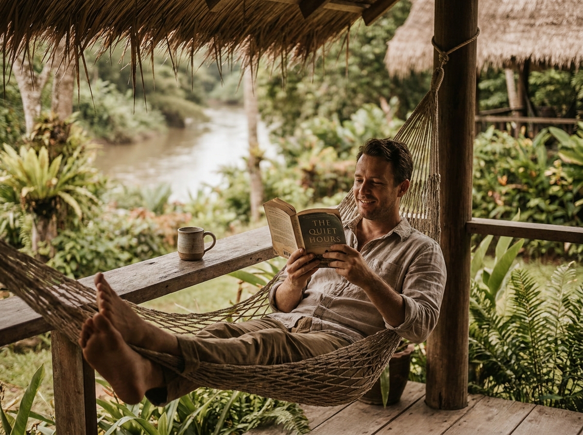 Voyageur en slow travel lisant dans un hamac sur la terrasse d'un bungalow d'éco-lodge entouré d'une végétation tropicale luxuriante