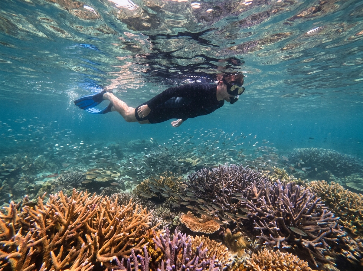 Plongeur en apnée explorant les récifs coralliens colorés de Raja Ampat entouré de poissons tropicaux