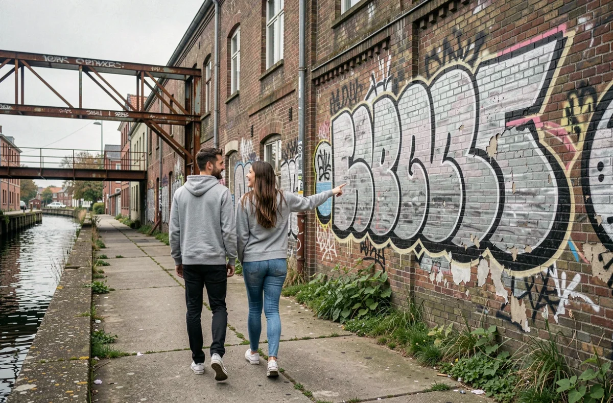 Deux amis découvrant un mural de street art sur le chemin de halage d'un canal du quartier Molenbeek à Bruxelles