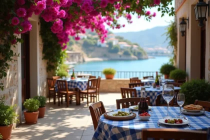 Terrasse d'une taverne grecque traditionnelle à Skopelos avec vue sur la mer Égée et village blanc