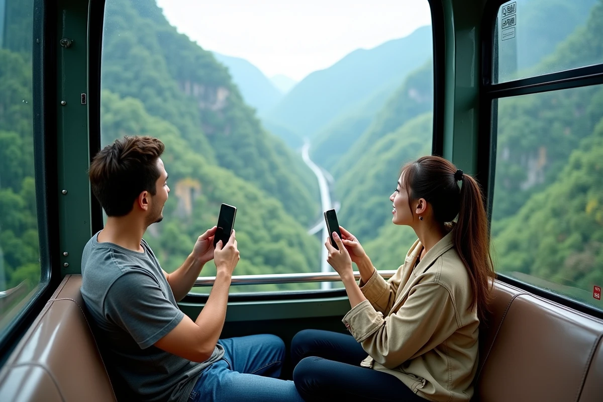 Deux touristes dans une cabine du téléphérique de Tianmen Mountain avec vue panoramique sur les falaises boisées de Zhangjiajie