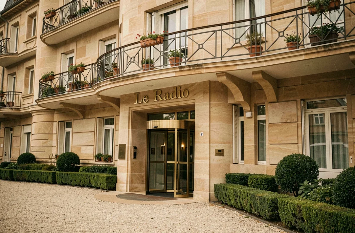 Façade Art Déco de l'hôtel Teritoria Le Radio à Chamalières, avec ses balcons en fer forgé et son entrée élégante