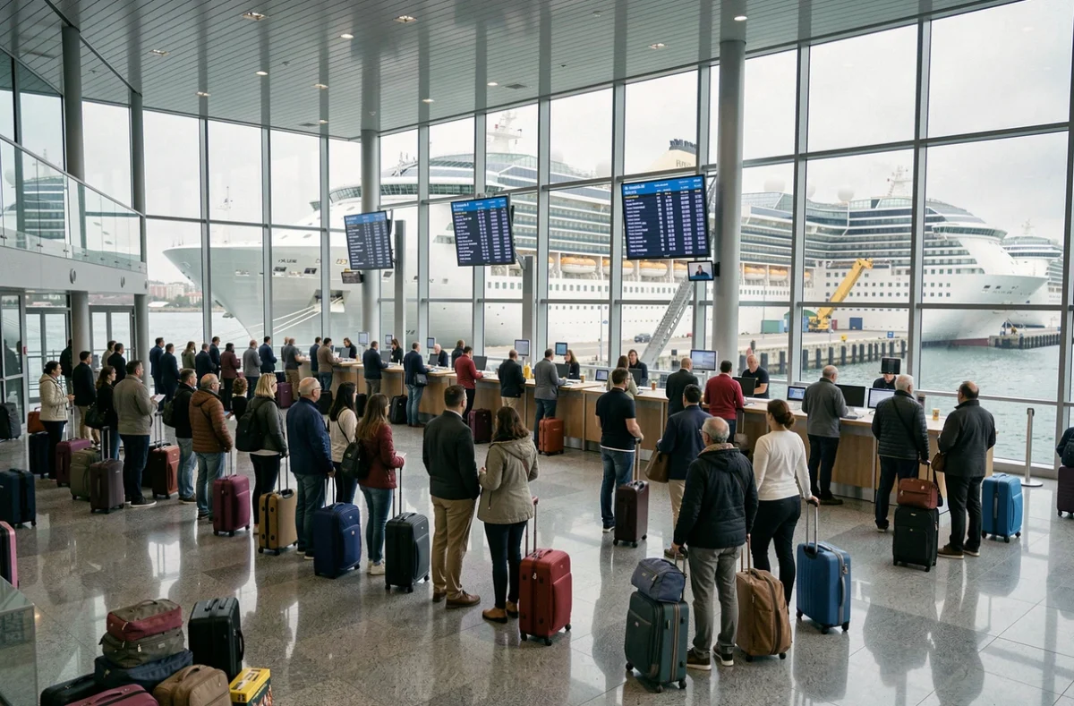 Terminal d'embarquement animé avec des passagers en attente pour embarquer sur un grand paquebot de croisière visible depuis les baies vitrées