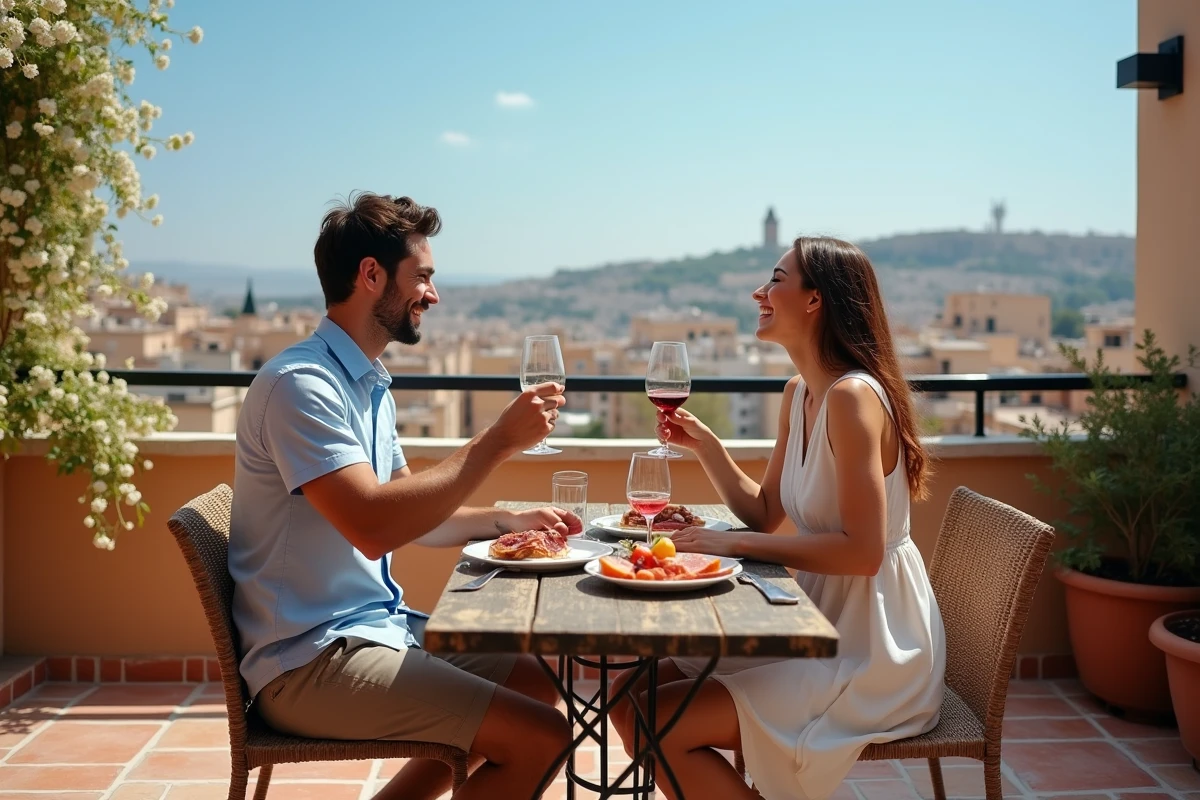 Deux amis locaux profitant d'une terrasse cachée sur les toits du vieux quartier de Malaga avec vue sur l'Alcazaba