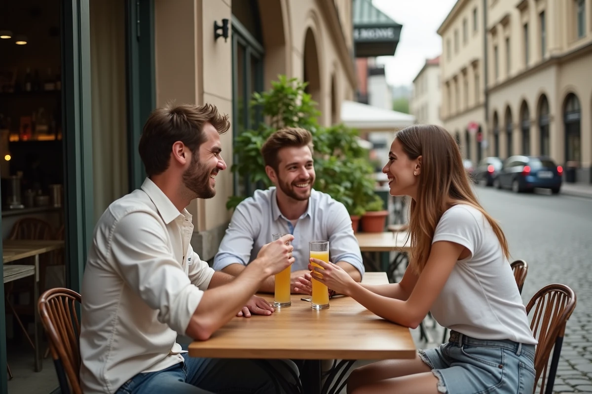 Groupe d'amis attablés en terrasse d'un café berlinois en été, avec des bâtiments typiques de Berlin en arrière-plan