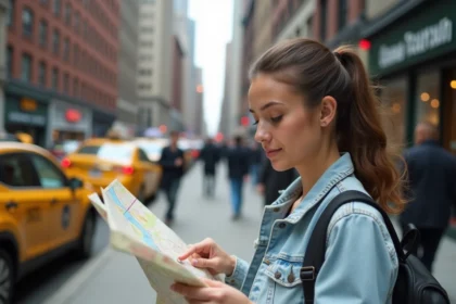 Jeune femme consultant une carte détaillée de la ville de New York dans une rue animée de Manhattan