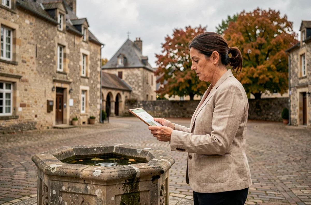 Femme lisant un panneau touristique devant la fontaine d'Arlette à Falaise en automne