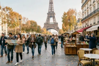 Touristes internationaux se promenant sur un boulevard parisien animé avec la Tour Eiffel en arrière-plan en automne
