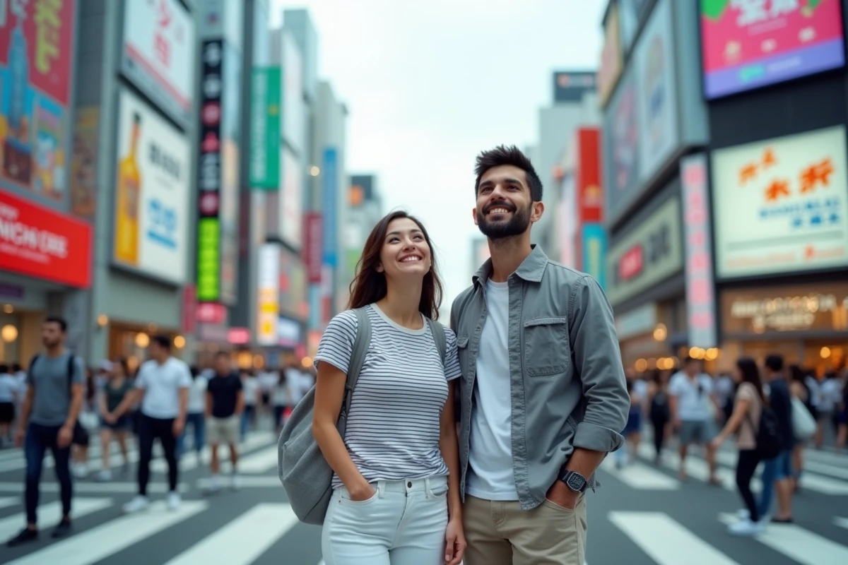 Deux touristes traversant le célèbre carrefour de Shibuya à Tokyo avec émerveillement