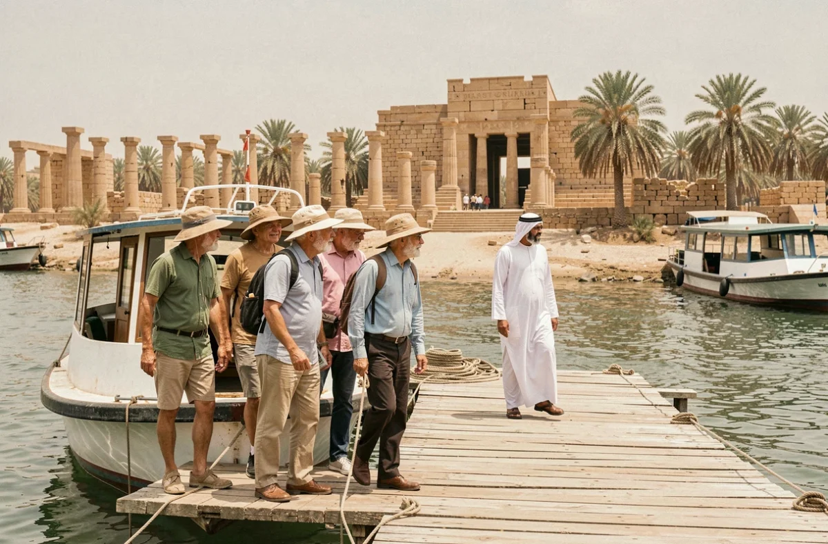 Groupe de touristes débarquant d'un bateau de croisière économique sur le Nil pour visiter un temple égyptien