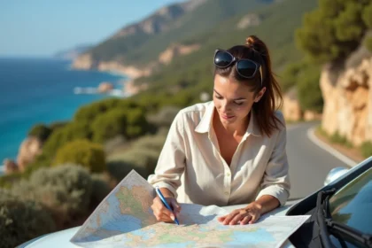 Femme consultant une carte routière sur le capot d'une voiture de location sur la route côtière entre Propriano et Ajaccio en Corse