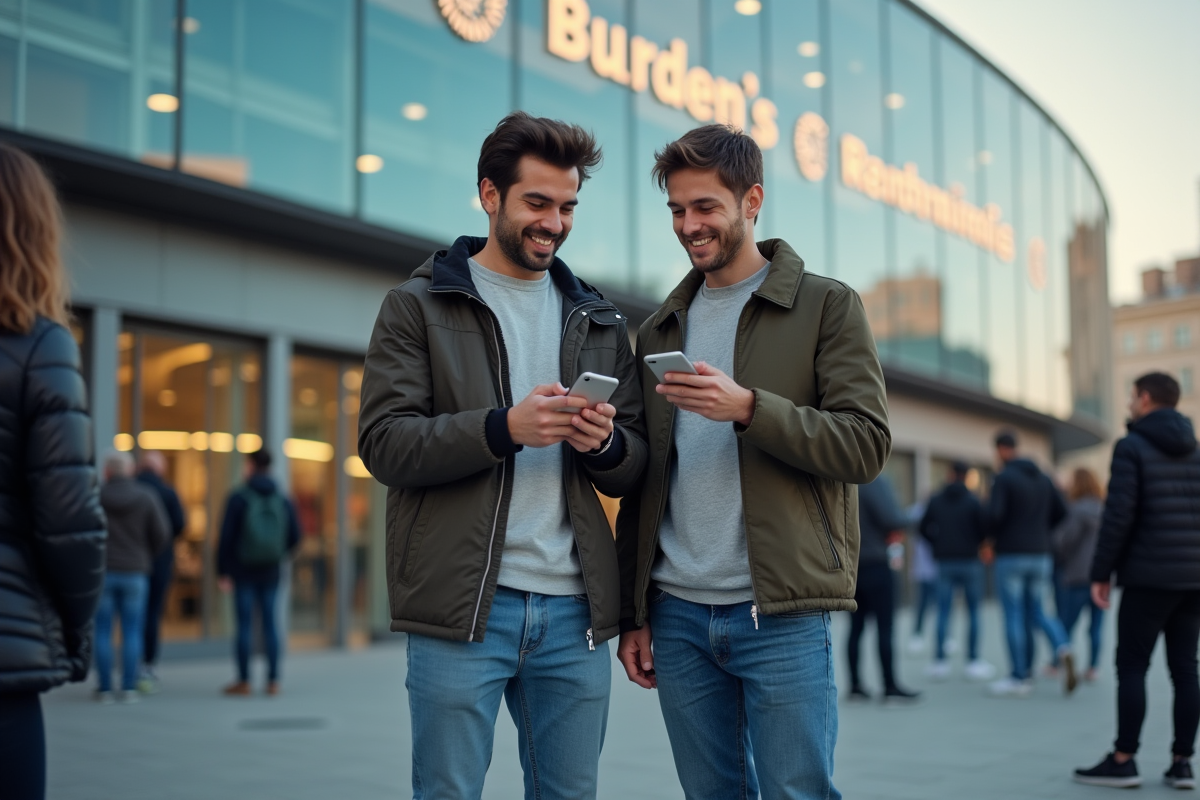 Jeune homme utilisant son smartphone pour transférer un billet devant un stade