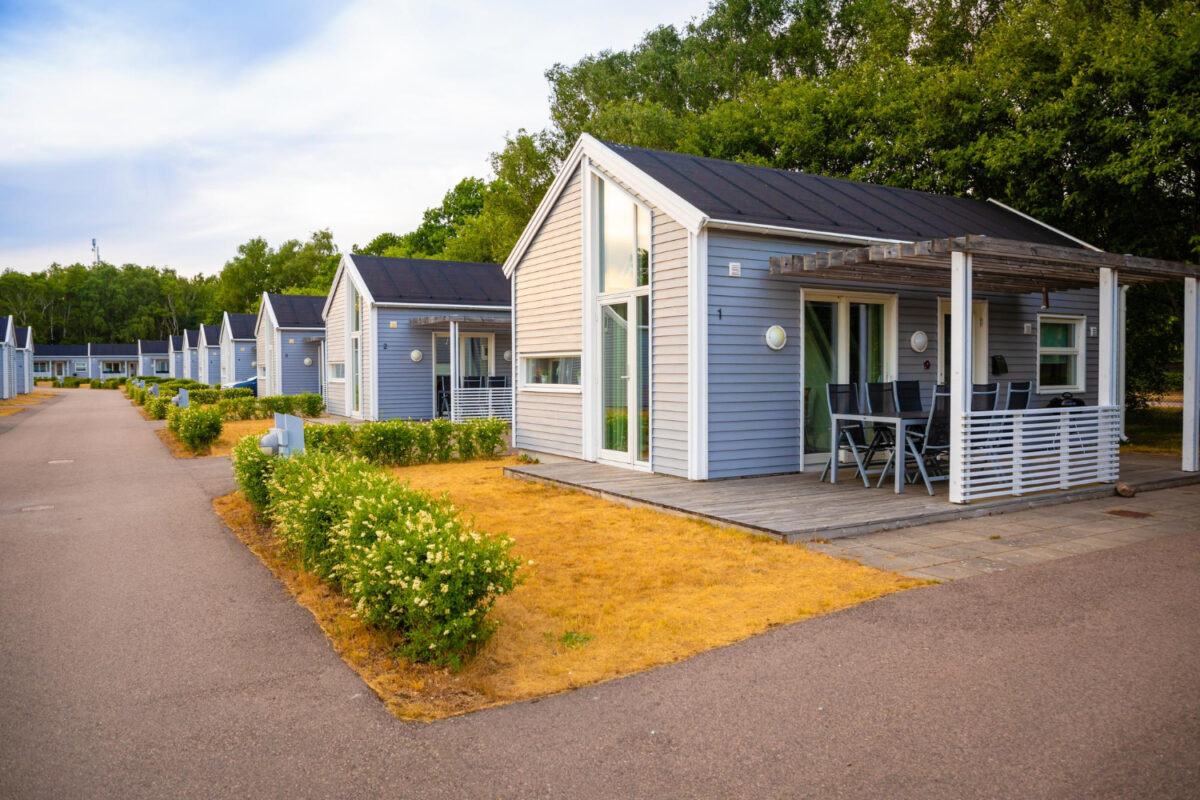 une allée avec des mobil home tout le long sous une belle foret