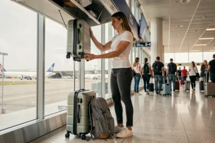 Femme rangeant une valise cabine dans le compartiment supérieur d'un avion avec un sac à dos posé à ses pieds dans un aéroport