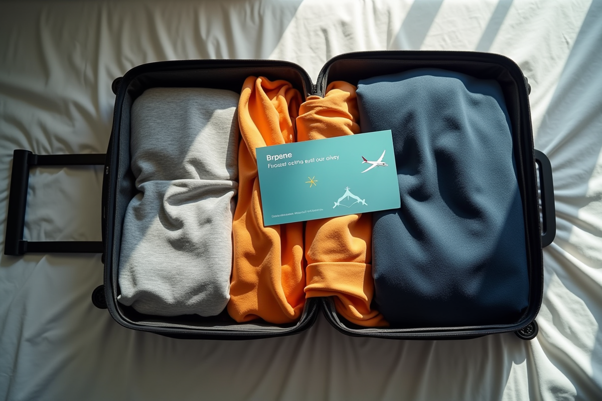 Valise ouverte avec vêtements et application de voyage sur lit