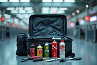 Valise ouverte à la sécurité aéroport avec objets interdits