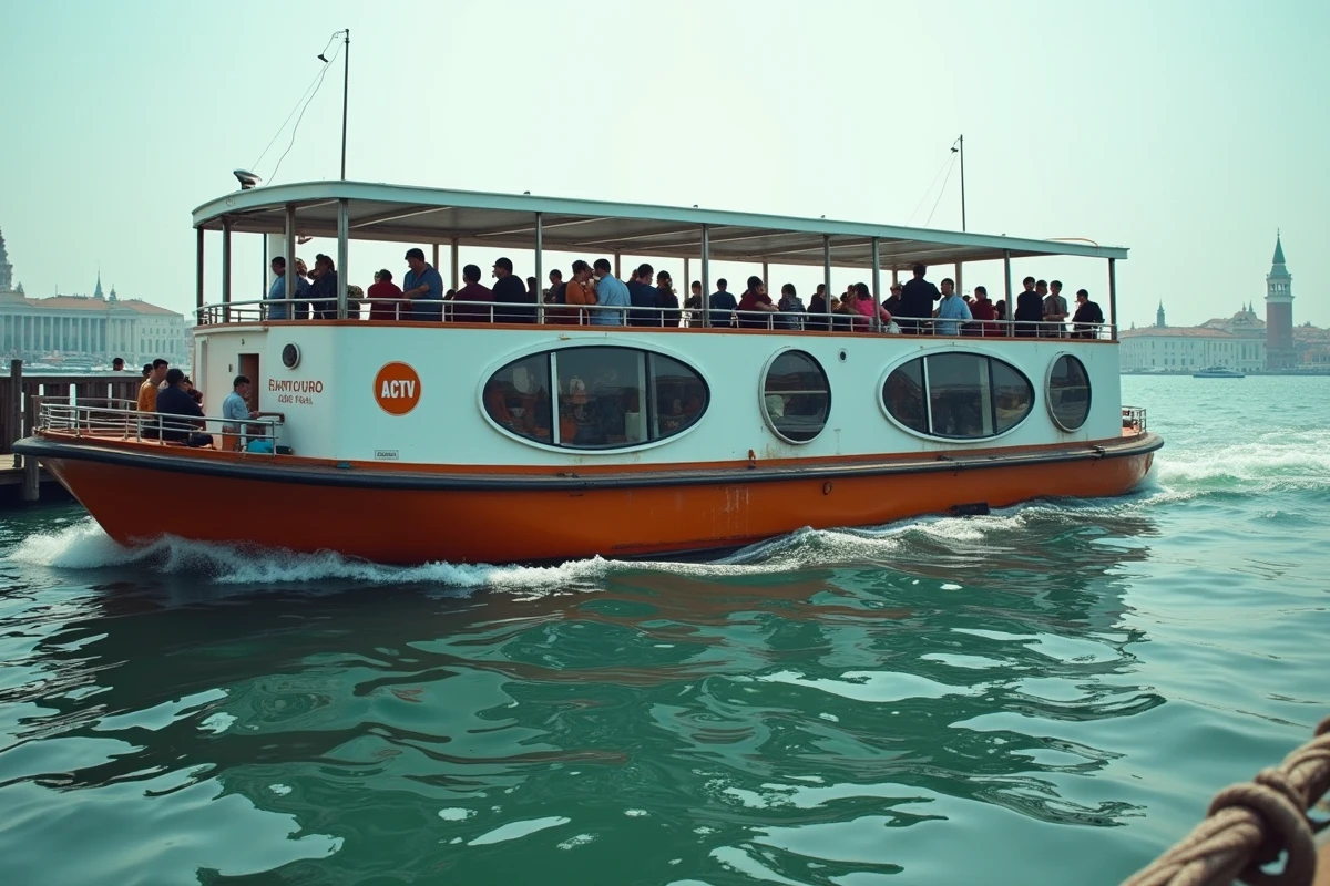 Vaporetto ACTV bondé naviguant sur la lagune de Venise avec les monuments de la ville en arrière-plan