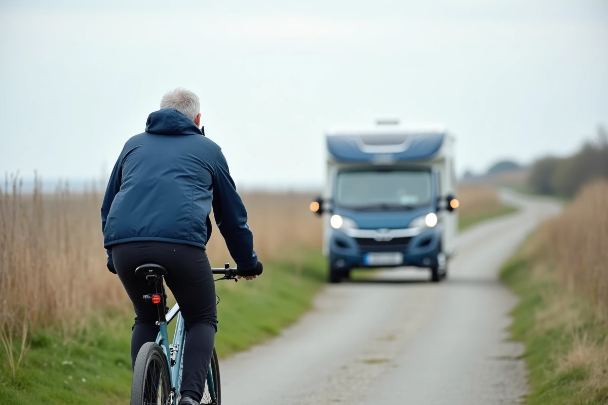 Cycliste en vélo sur le chemin côtier de la Baie de Somme près de Saint-Valery-sur-Somme avec un camping-car en arrière-plan