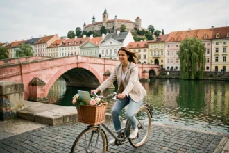 Femme faisant du vélo sur le Triple Pont de Ljubljana avec les reflets de la Ljubljanica et le château en arrière-plan