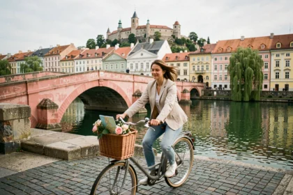 Femme faisant du vélo sur le Triple Pont de Ljubljana avec les reflets de la Ljubljanica et le château en arrière-plan