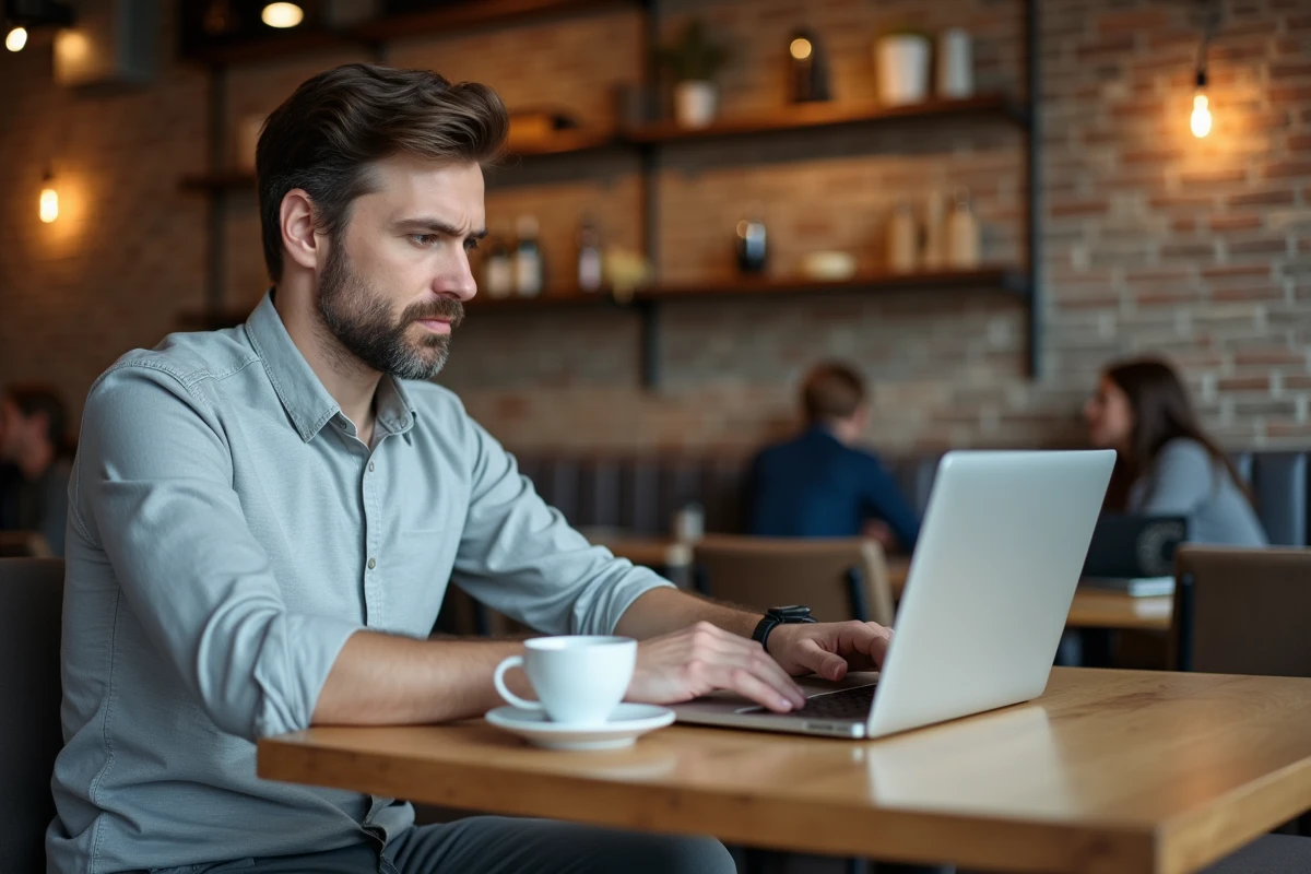 Homme vérifiant l'orthographe d'un email de bonnes vacances sur un ordinateur portable dans un café