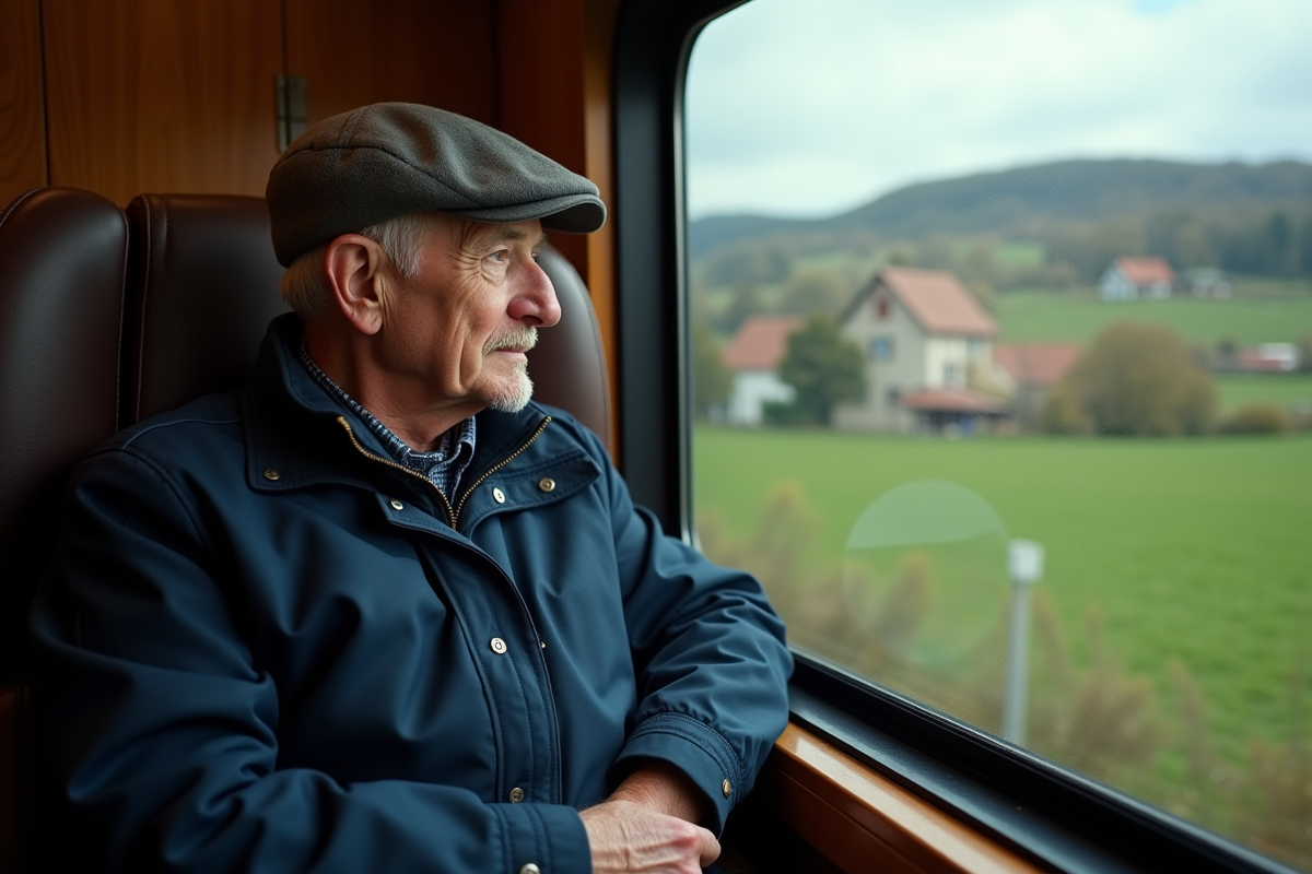 Homme âgé regardant par la fenêtre d’un train en campagne