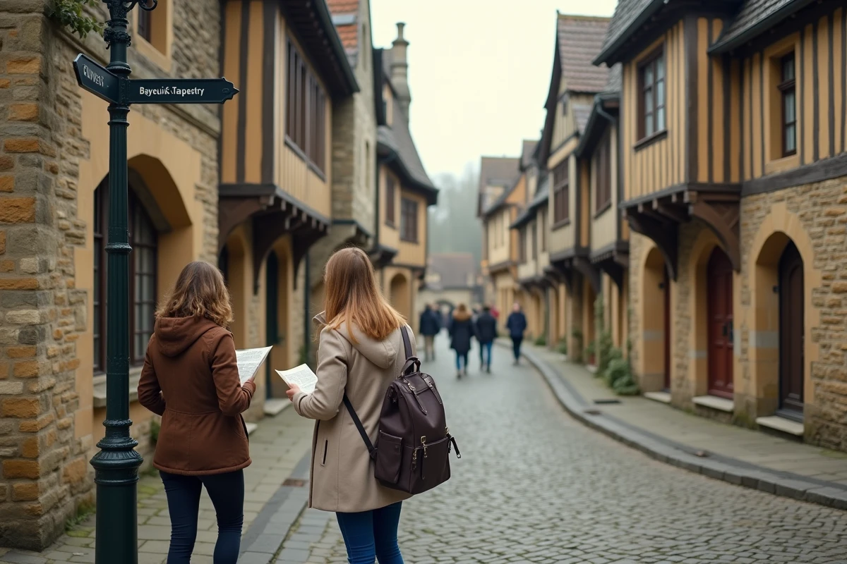 Rue pavée du centre historique de Bayeux en Normandie avec façades à colombages, touristes consultant une carte près du musée de la Tapisserie