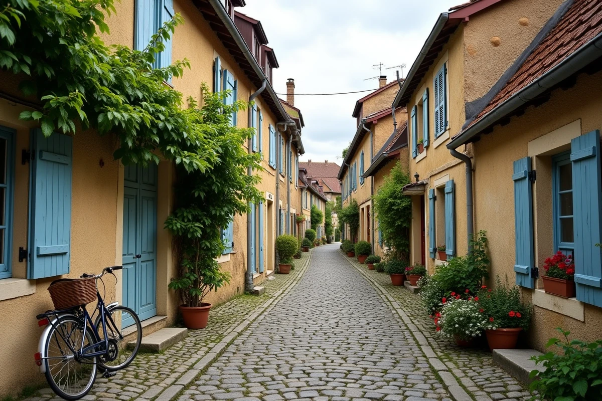 Rue pavée typique du village d'Alise-Sainte-Reine en Bourgogne lors d'un week-end calme