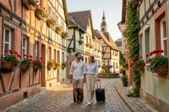 Couple de voyageurs avec valises dans une rue pavée d'un village alsacien aux maisons à colombages colorées et jardinières fleuries