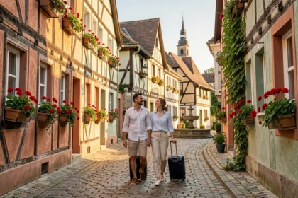Couple de voyageurs avec valises dans une rue pavée d'un village alsacien aux maisons à colombages colorées et jardinières fleuries