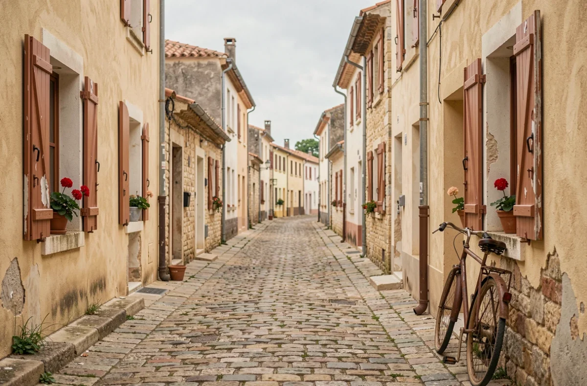 Ruelle déserte du village de Porquerolles en novembre avec volets fermés et vélo appuyé contre un mur en pierre