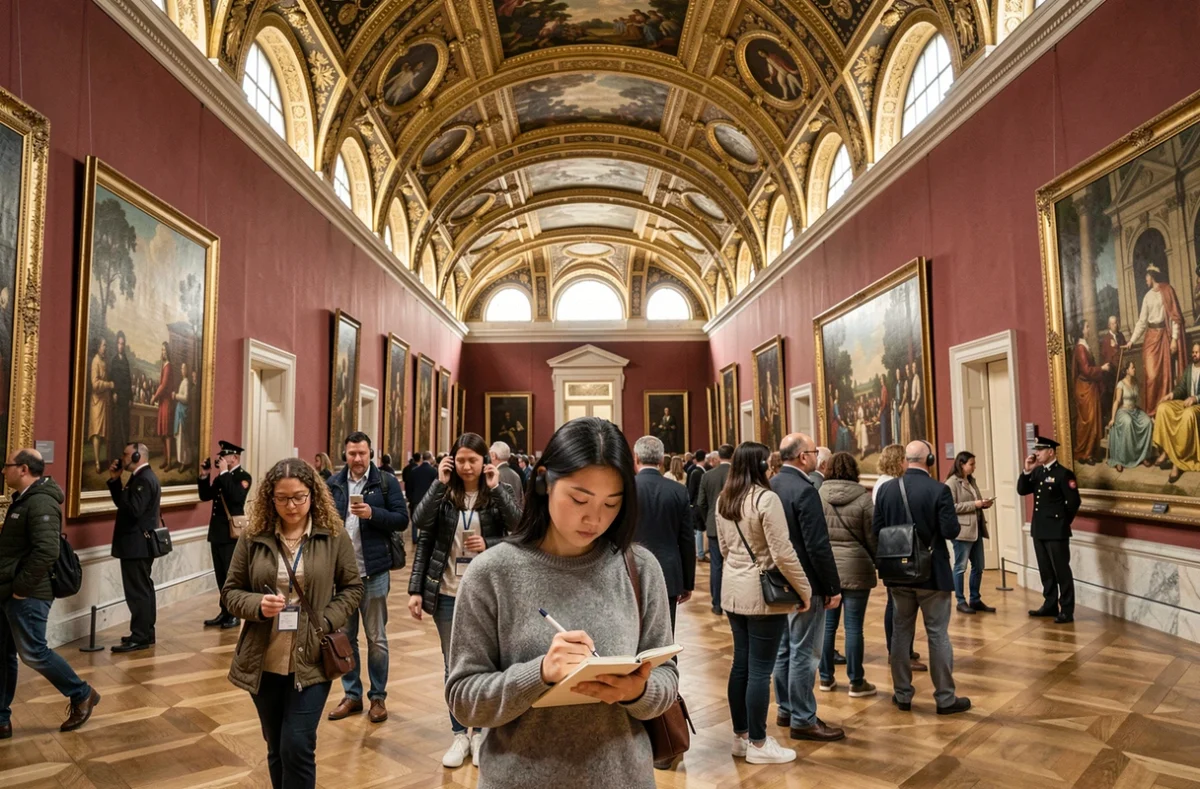 Visiteurs internationaux explorant les galeries du musée du Louvre à Paris avec ses plafonds dorés et ses grandes peintures