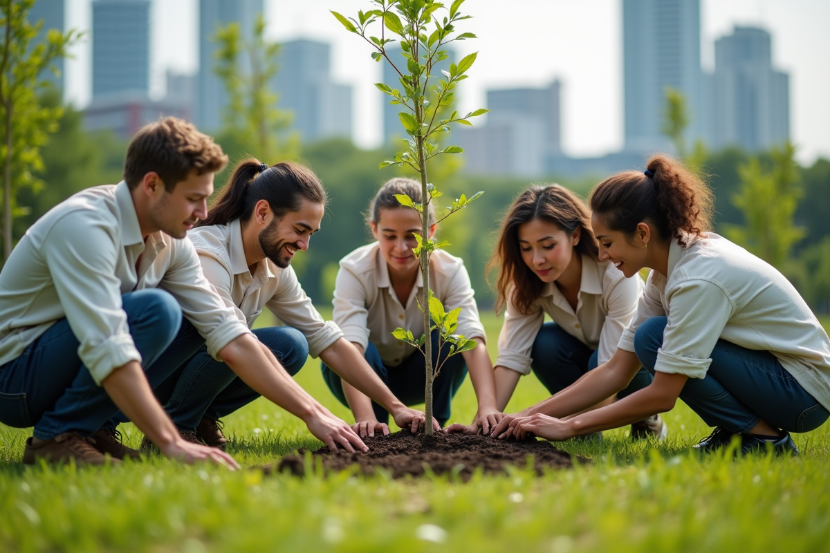 Groupe de bénévoles plantant des arbres dans un parc urbain