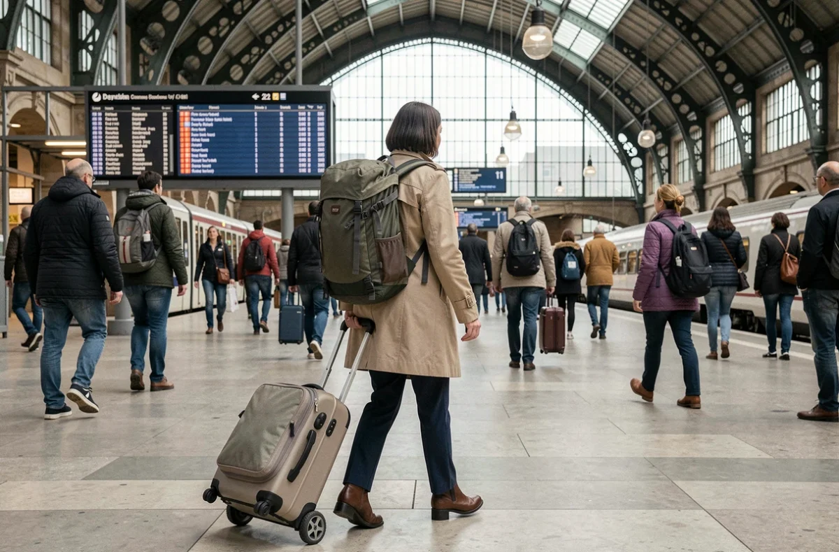 Femme voyageant avec un sac à dos et une valise cabine à roulettes dans une grande gare européenne