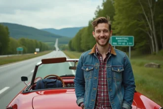 Homme souriant en denim devant une voiture de voyage